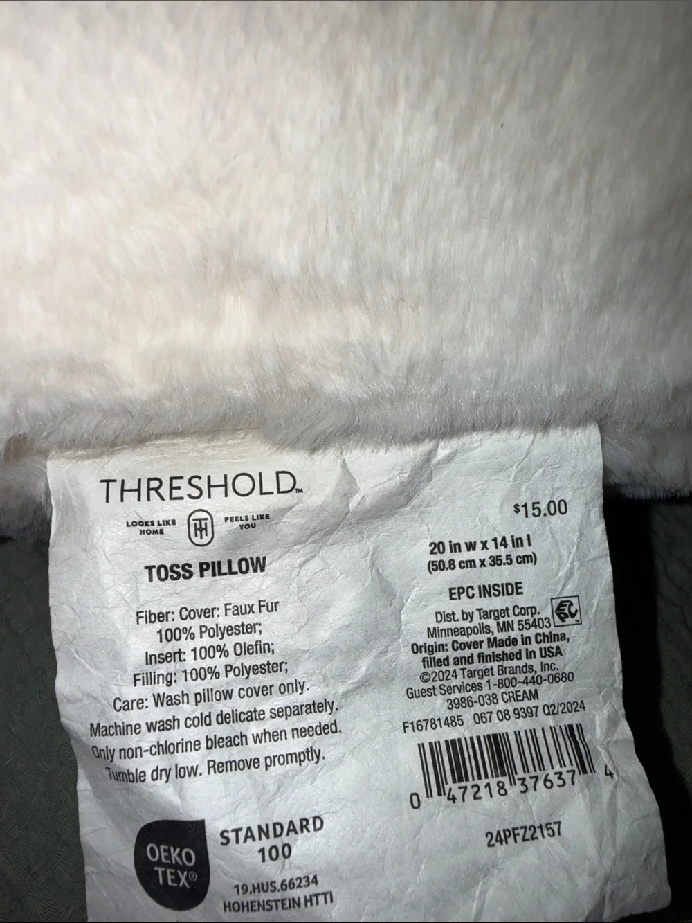 Threshold Faux Rabbit Fur Toss Pillow Cream 20”x14” NWT